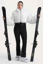 Women's White Fashion Slim-Fit Stretch One-Piece Ski Suit With Faux Fox Fur Jacket & Flared Legs Snowboard Suit - Gsou Snow