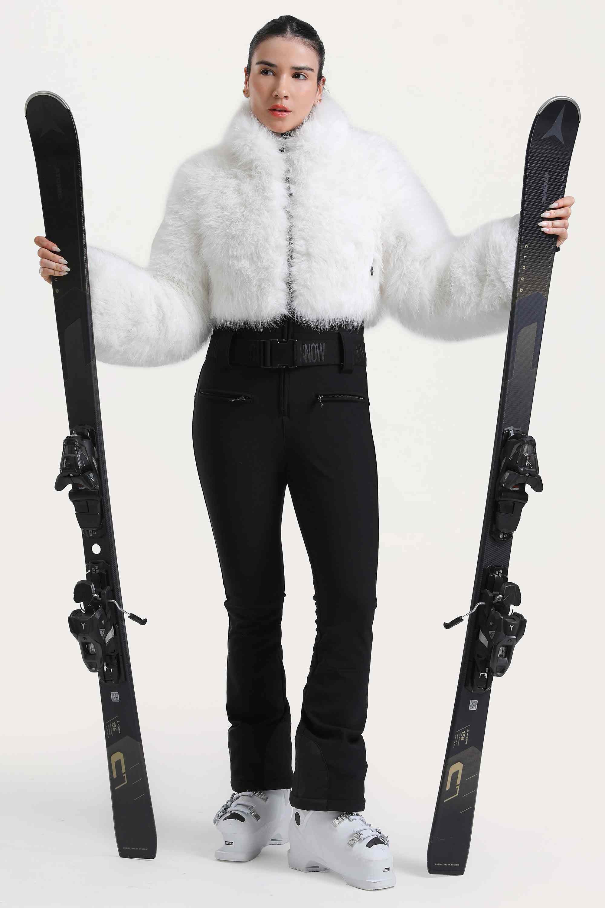 Women's White Fashion Slim-Fit Stretch One-Piece Ski Suit With Faux Fox Fur Jacket & Flared Legs Snowboard Suit - Gsou Snow