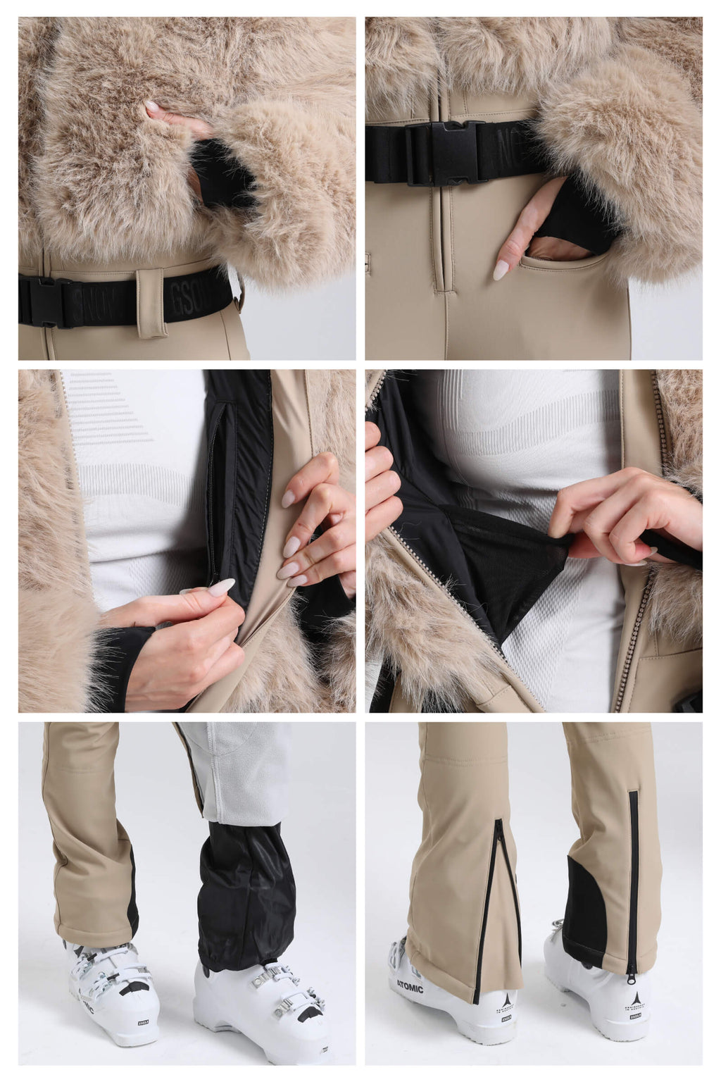 Women's Khaki Fashion Slim-Fit Stretch Faux Fox Fur Flared One-Piece Ski Suit Snowboard Suit