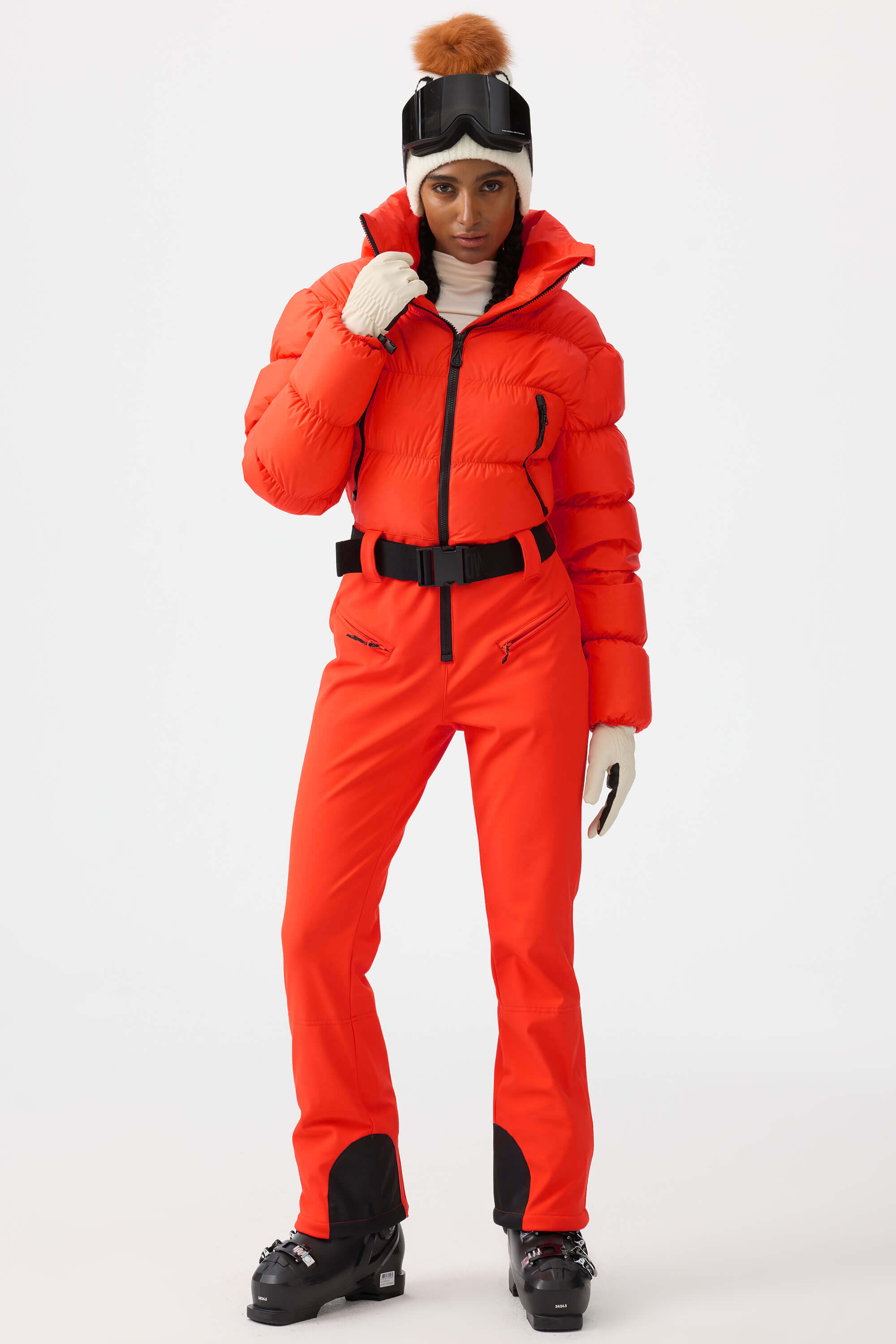 Women's Neon Orange Stain-Resistant Down One-Piece Ski Suit Snowboard Suit