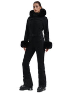 Women's Grey Faux Fur Shirred Waterproof Ski Suit One-Piece Snowboard Suit - Gsou Snow