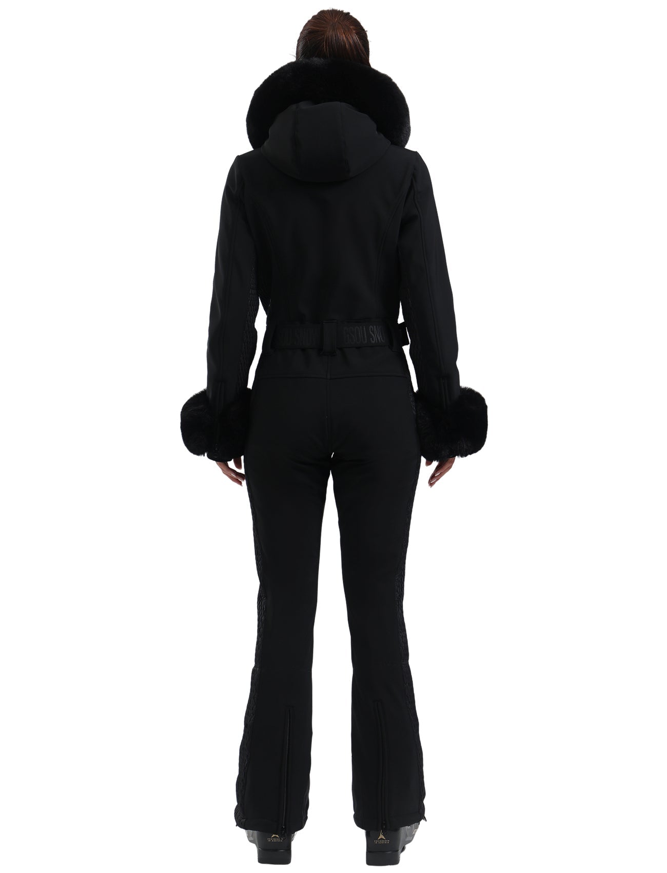 Women's Black Shirred Faux-Fur Waterproof One-Piece Ski Suit Snowboard Suit