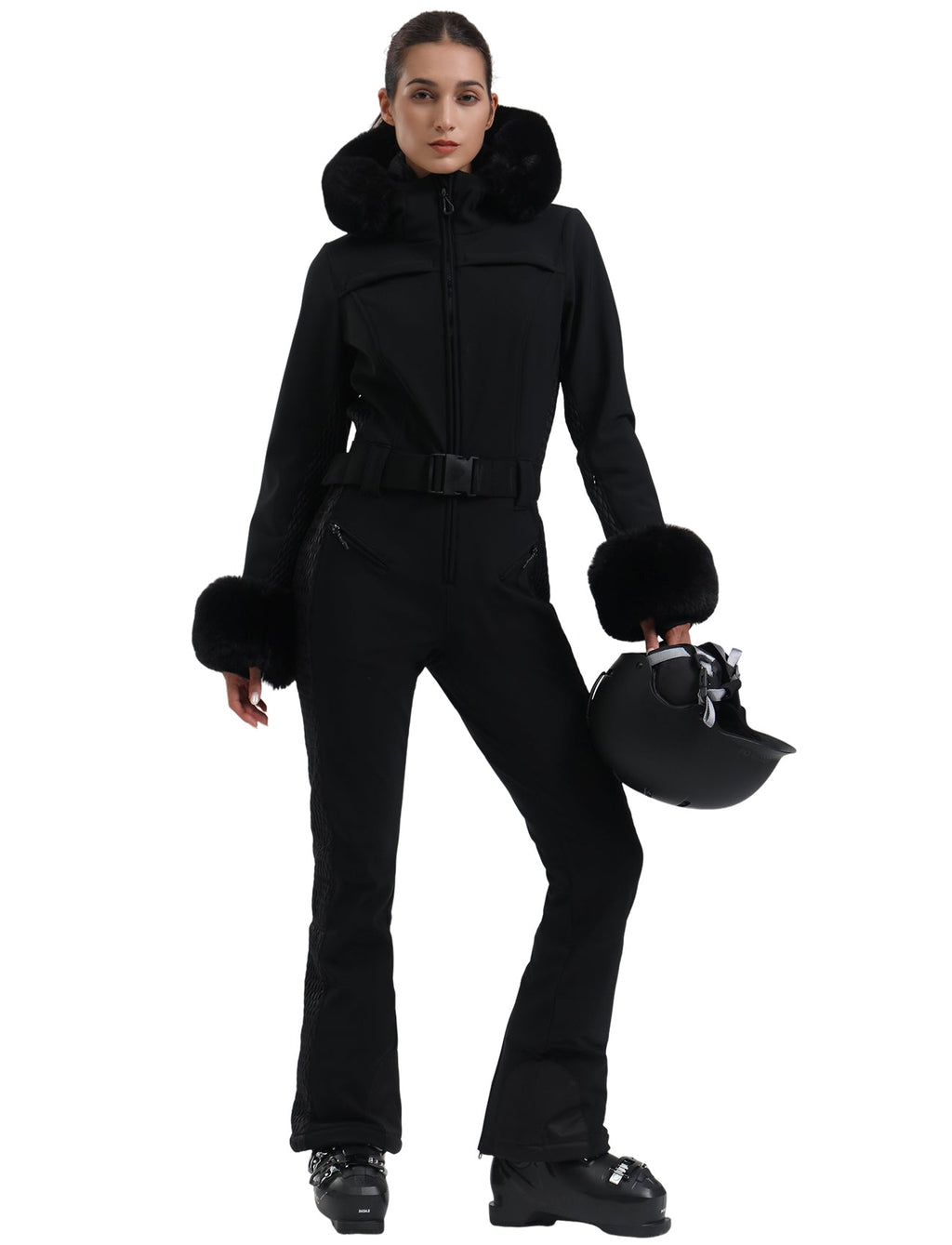 Women's Black Faux Fur Shirred Waterproof Ski Suit One-Piece Snowboard Suit - Gsou Snow
